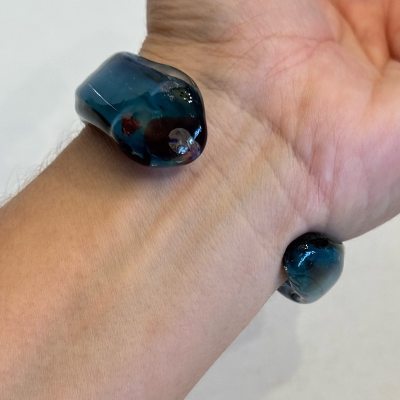 Vintage Hand Blown Art Glass Cuff Bangle Bracelet Aqua Blue Artisan Made - Picture 11 of 14